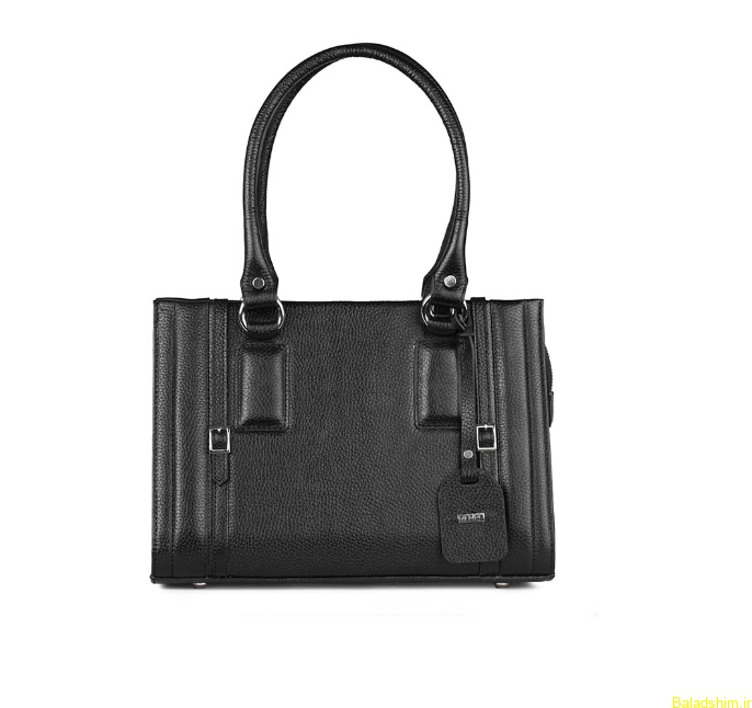 A black leather handbag with a handle